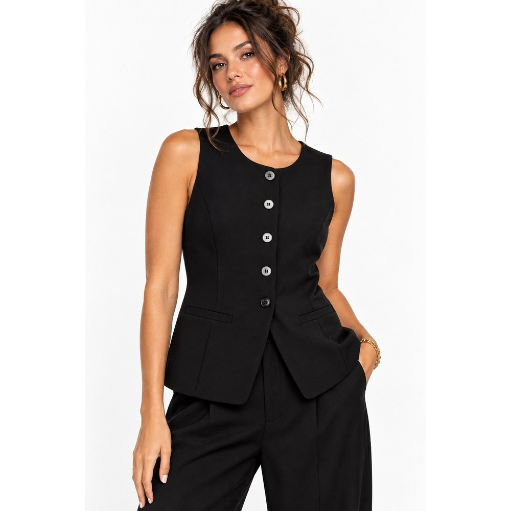 Montgomery Post Zahra Vest Black Button Front Tailored Waistcoat Medium NEW